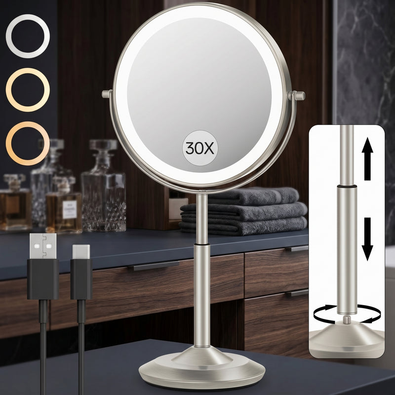 Chrome double-sided LED magnifying makeup mirror on an adjustable stand