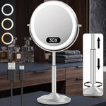 Chrome double-sided LED magnifying makeup mirror on an adjustable stand