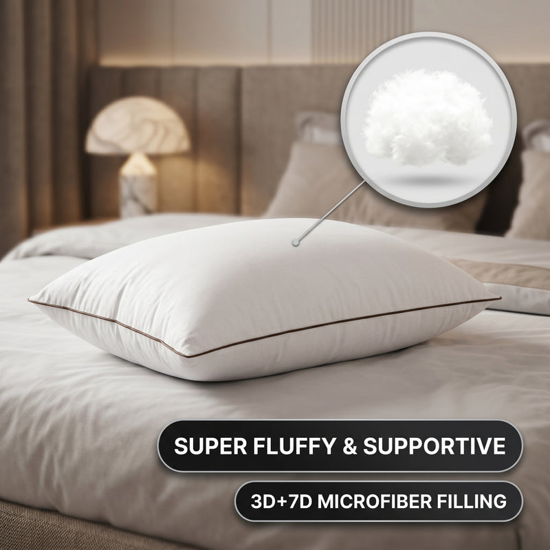 Close-up of a down alternative pillow on a bed with Queen Size, Machine Washable, and Set of 2 feature badges
