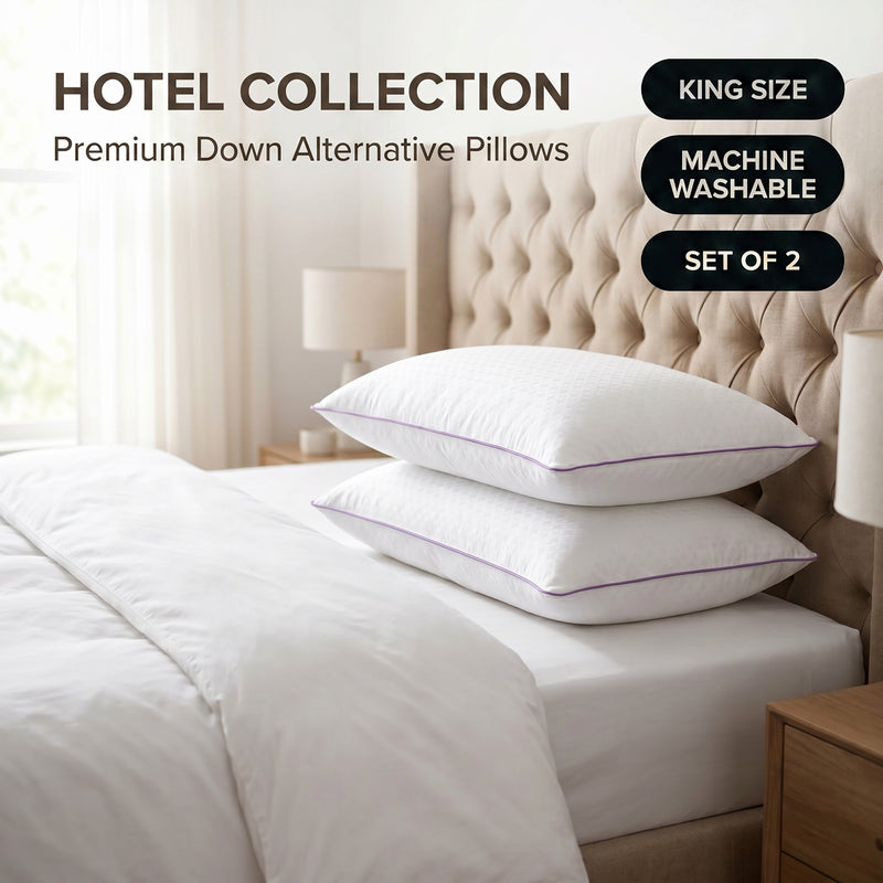 Down alternative pillows stacked on a bed against a gray tufted headboard under a Hotel Collection banner