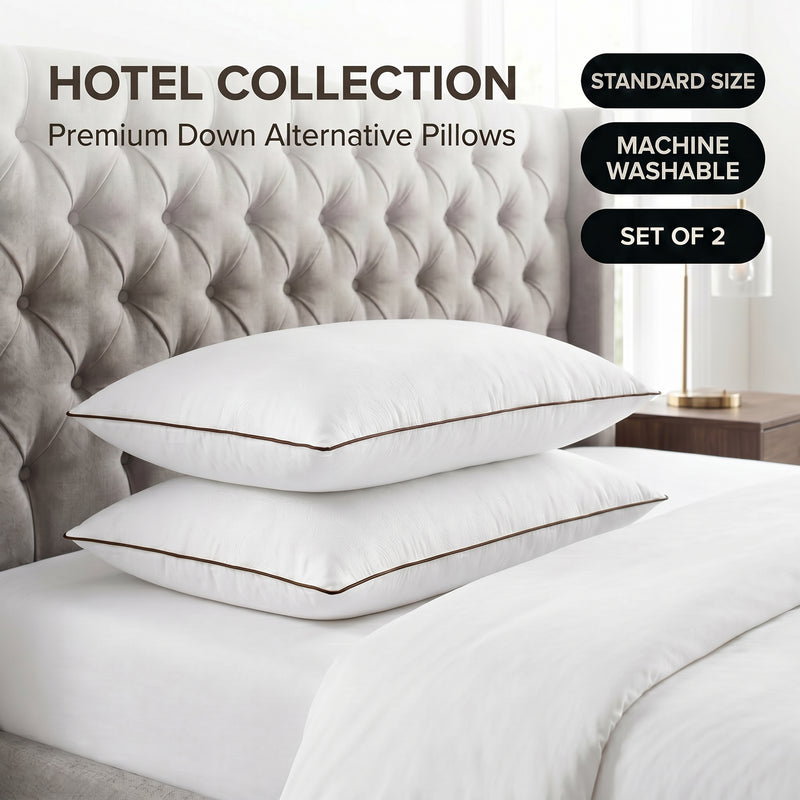 Down alternative pillows stacked on a bed against a gray tufted headboard under a Hotel Collection banner