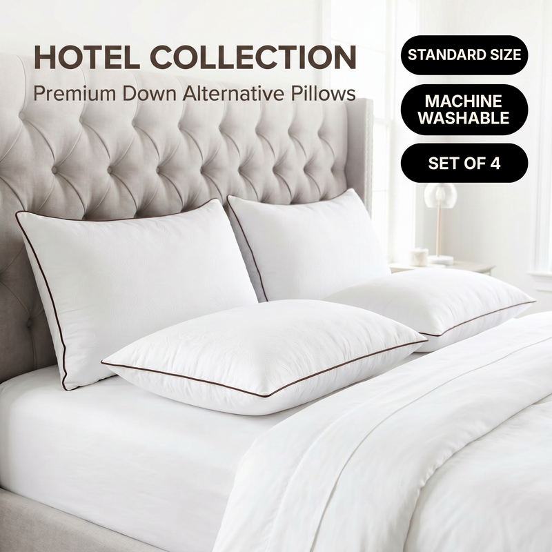 Down alternative pillows stacked on a bed against a gray tufted headboard under a Hotel Collection banner