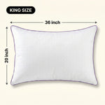 Woman holding a down alternative pillow beside a Queen size dimension graphic showing 30 inch by 20 inch measurements