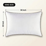 Woman holding a down alternative pillow beside a Queen size dimension graphic showing 30 inch by 20 inch measurements