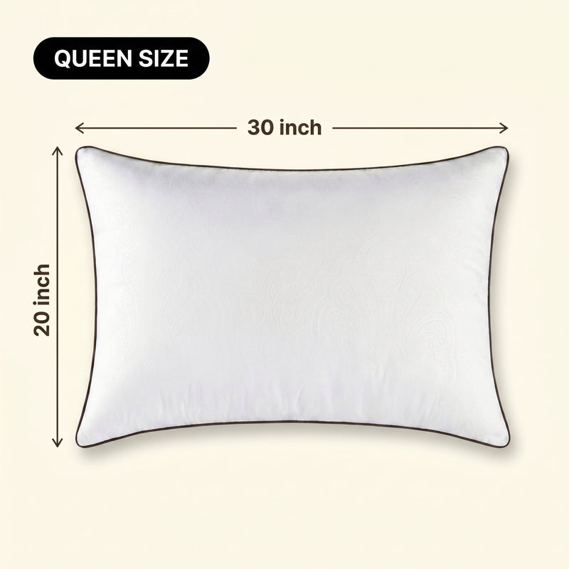 Woman holding a down alternative pillow beside a Queen size dimension graphic showing 30 inch by 20 inch measurements