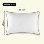 Woman holding a down alternative pillow beside a Queen size dimension graphic showing 30 inch by 20 inch measurements