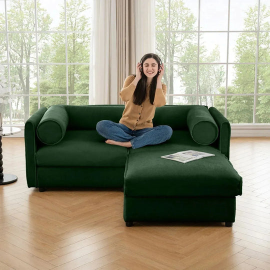 Stylish Green Chenille 2-Seater Sofa with Ottoman Storage Seat, Cylindrical Backrest and Armrests, Modern Fabric Loveseat Featuring Hidden Storage Space