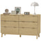 Natural Wood 6-Drawer Double Dresser – Fluted Front with Gold Pulls | Bedroom Storage Chest | Trufairs