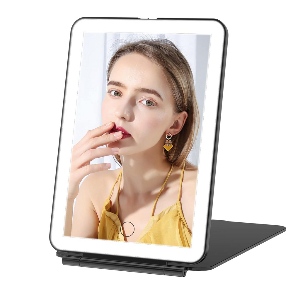 Dual magnification LED makeup mirror with 1X standard and 10X zoom for precision makeup