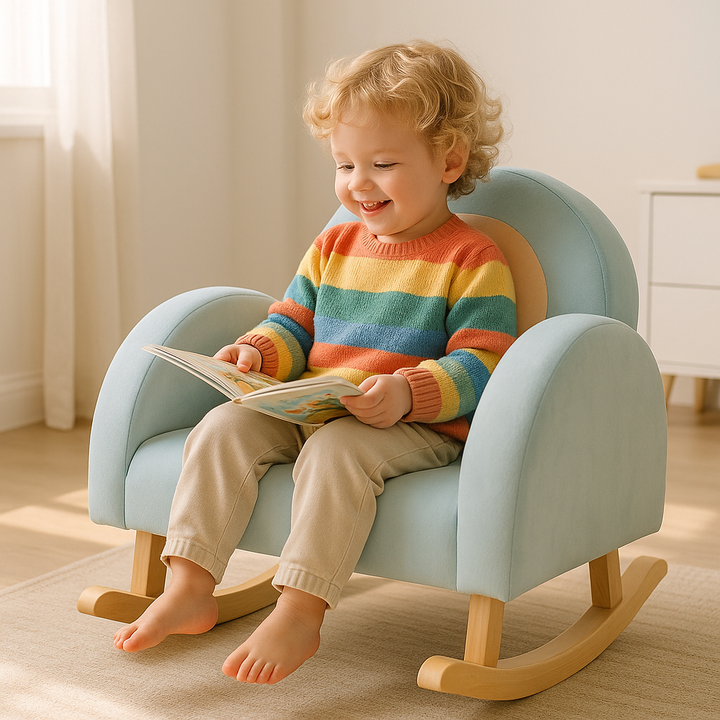 Premium Blue Velvet Toddler Rocking Chair with Solid Rubber Wood Frame - ASTM Certified Kids Furniture for Ages 0-5