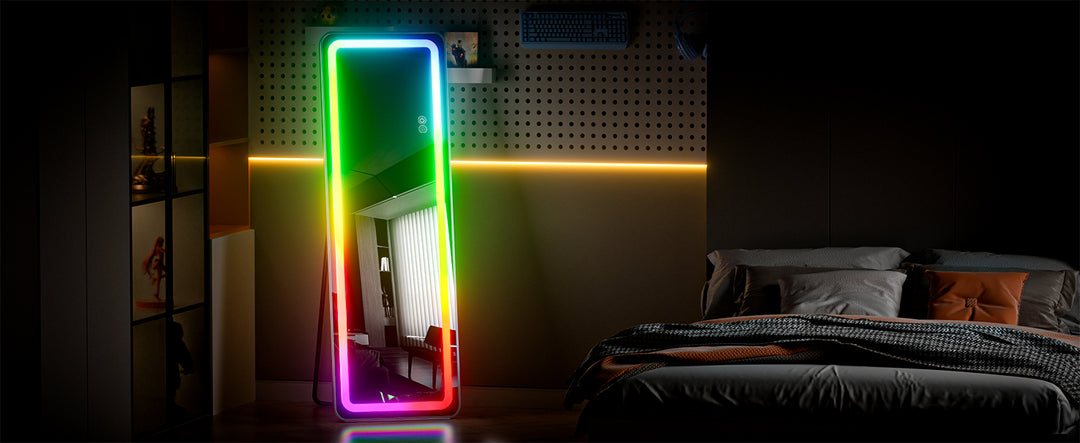 RGB Full Length Mirror, 60"x16" Full Body Mirror with LED Lights, Dimming & 7 Color Changing Lighting, Wall Mounted Hanging Mirr