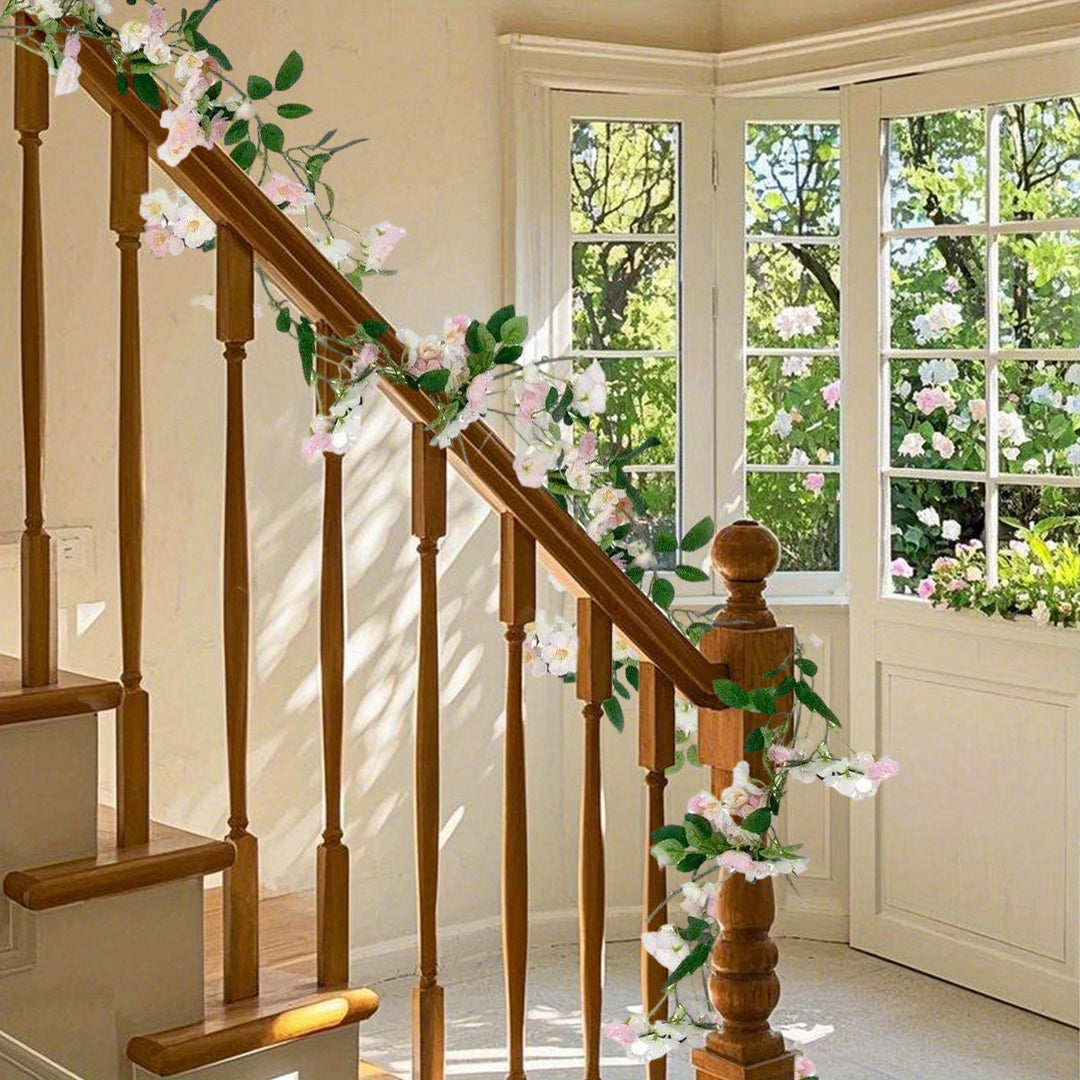 2 Pcs Artificial Cherry Blossom Flower Vine Hanging Cherry Blossom Flower Silk Garland Hanging Vines Faux Flowers For