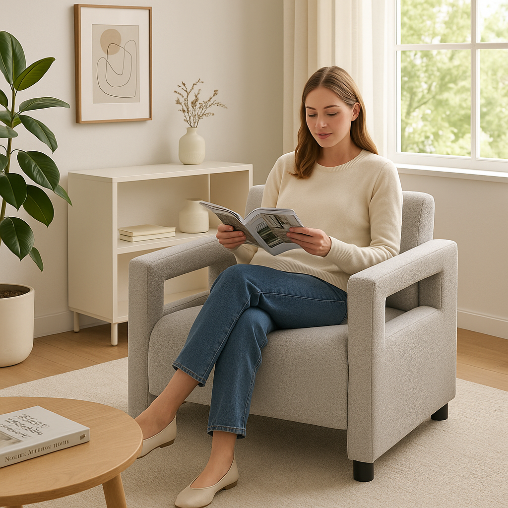 Luxury Gray Boucle Accent Chair - Premium Plywood Frame Armchair with Cushioned Seat & Modern Upholstery for Living Room & Bedroom