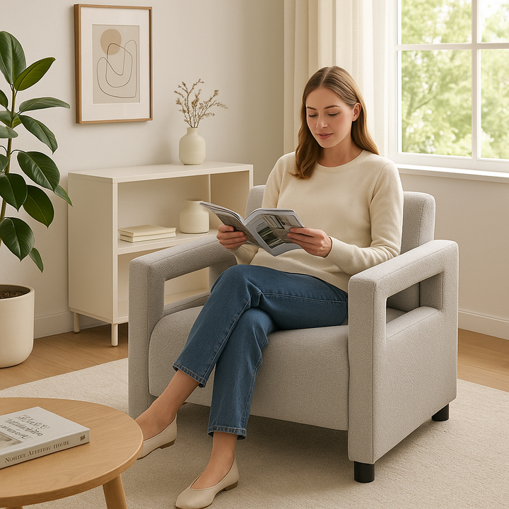 Luxury Gray Boucle Accent Chair - Premium Plywood Frame Armchair with Cushioned Seat & Modern Upholstery for Living Room & Bedroom