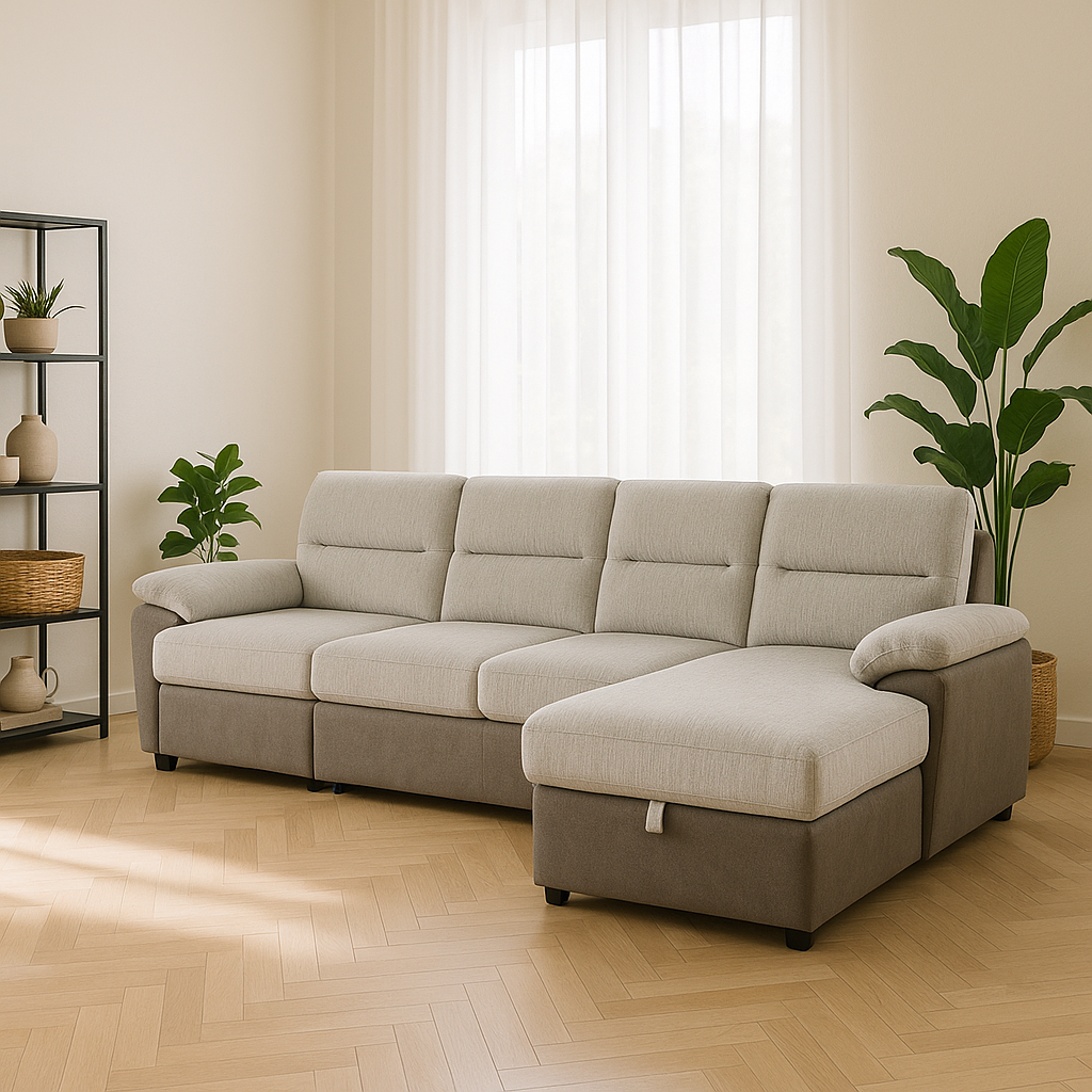Multi-Functional Brown & Beige Sectional Sleeper with Power Recliner & Storage - 4-Seat Left-Facing Sofa