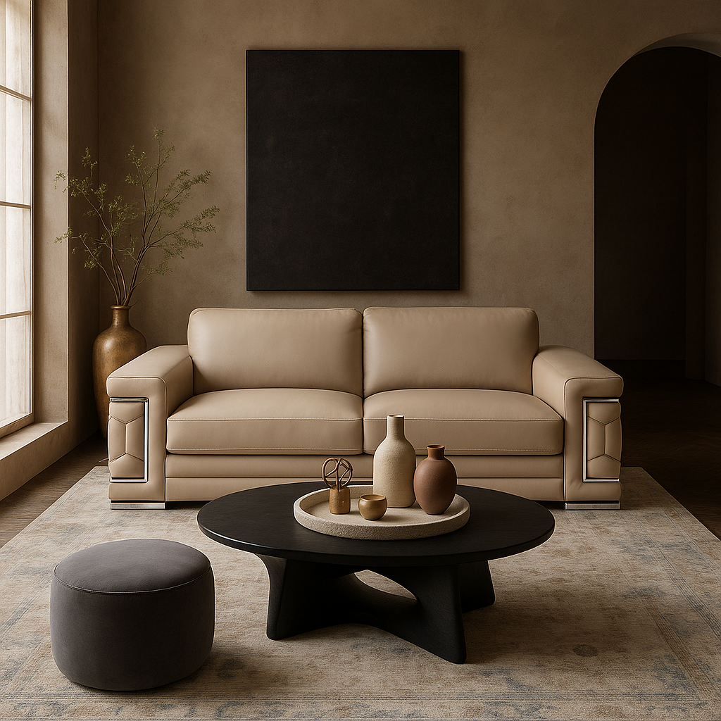 Luxury Beige Italian Leather Living Room Set - 3-Piece Coil Spring Sofa with Wood Frame