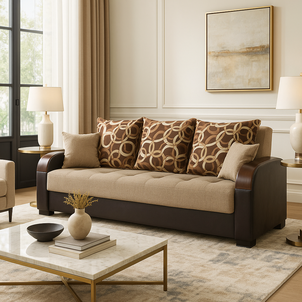 87" Brown Polyester Convertible Futon Sleeper Sofa And Toss Pillows With Storage