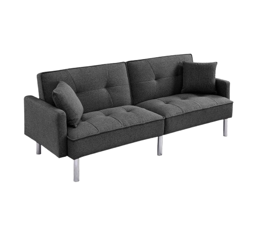 85" Dark Gray Polyester Blend Convertible Futon Sleeper Sofa And Toss Pillows With Silver Legs
