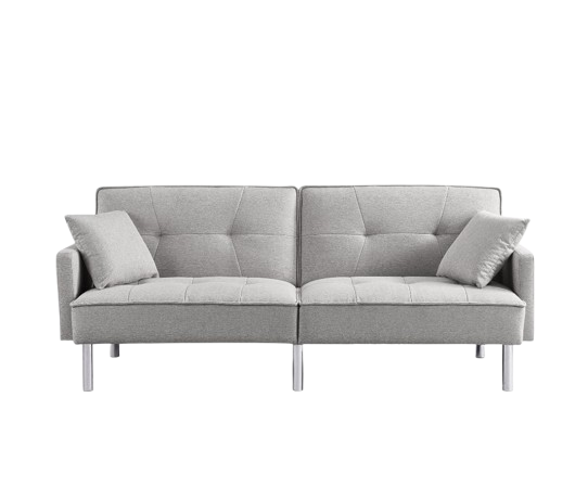 85" Light Gray Polyester Blend Convertible Futon Sleeper Sofa And Toss Pillows With Silver Legs