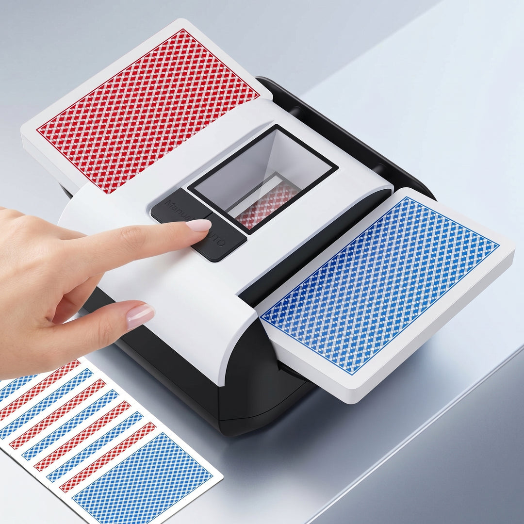 Electric card shuffler in action, shuffling a red and blue deck of playing cards