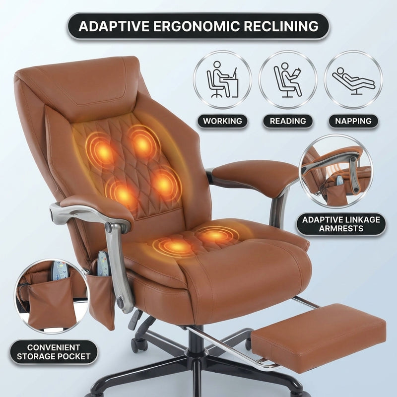 Black massage office chair showing six vibration points with working, reading and napping modes