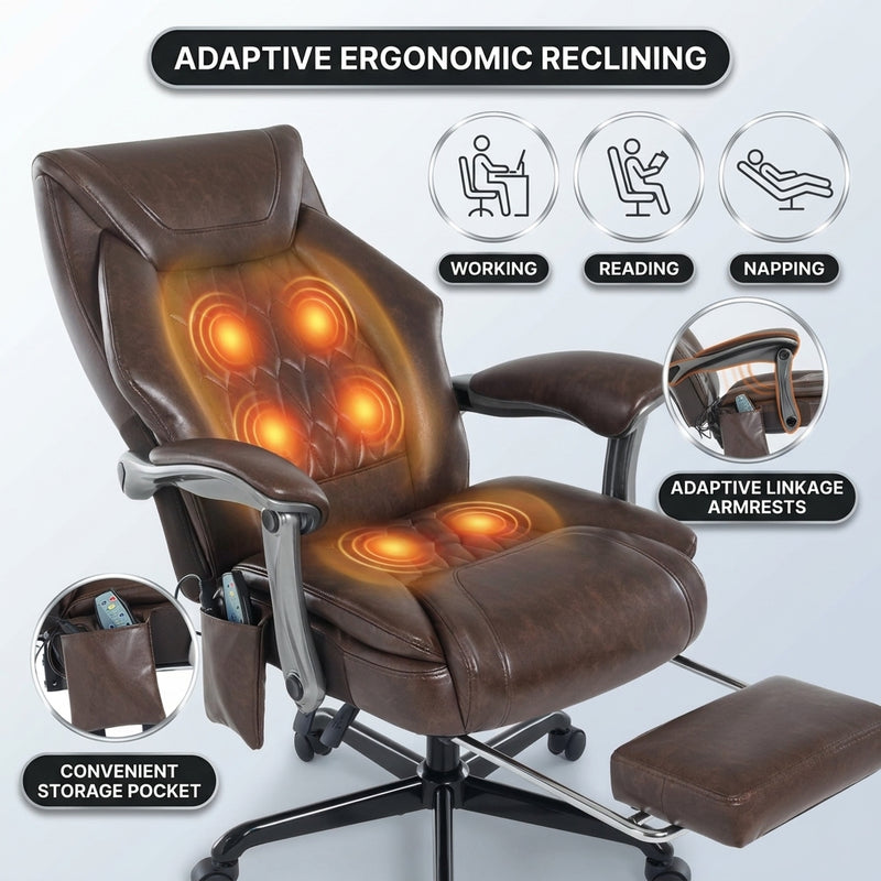 Black massage office chair showing six vibration points with working, reading and napping modes