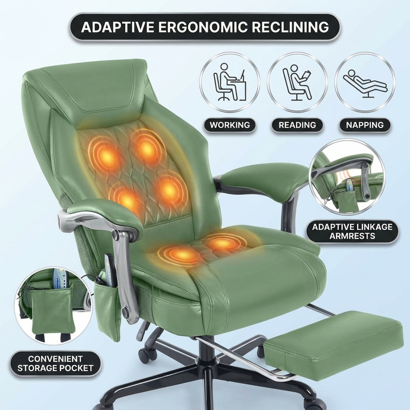 Black massage office chair showing six vibration points with working, reading and napping modes