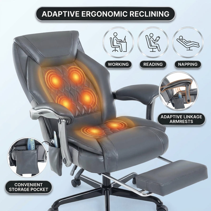 Black massage office chair showing six vibration points with working, reading and napping modes