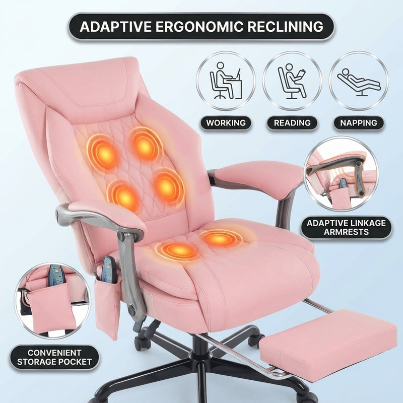 Black massage office chair showing six vibration points with working, reading and napping modes
