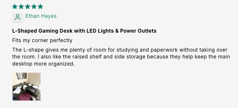 L-Shaped Gaming Desk with LED Lights & Power Outlets customer review screenshot 1