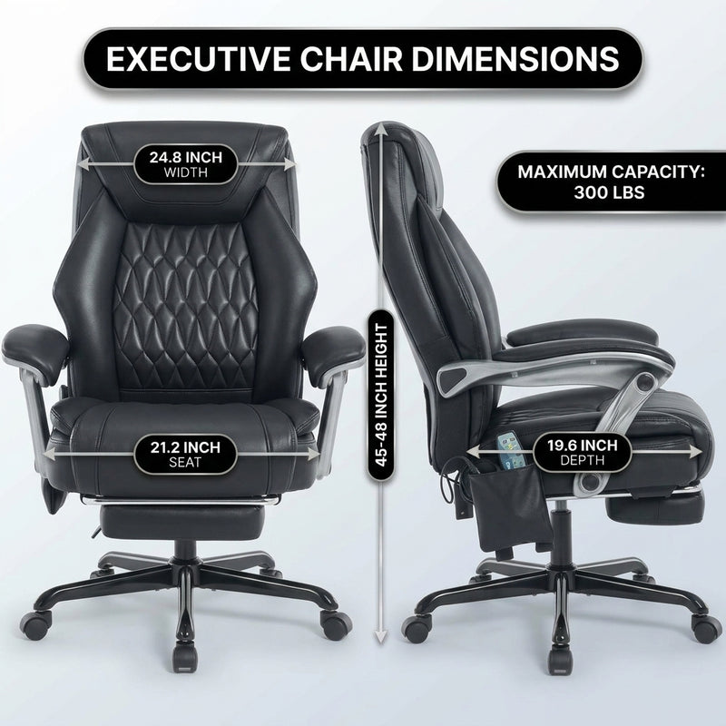 Executive massage office chair dimensions diagram showing 24.8-inch width and 300 lb capacity