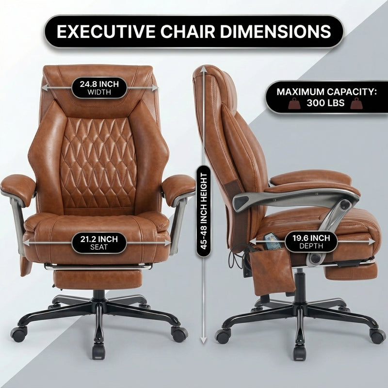 Executive massage office chair dimensions diagram showing 24.8-inch width and 300 lb capacity