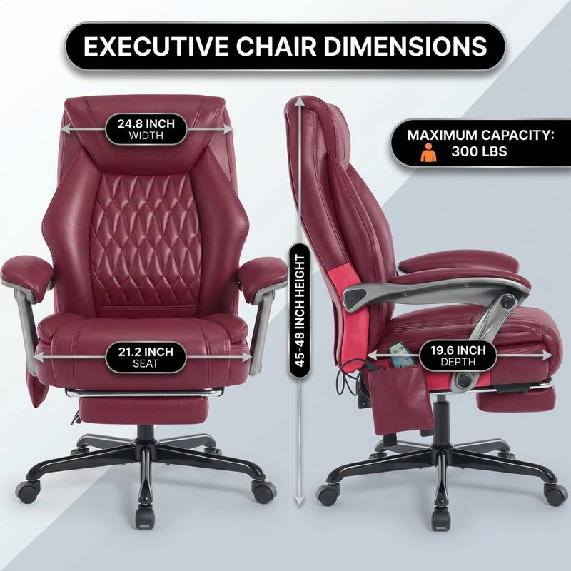 Executive massage office chair dimensions diagram showing 24.8-inch width and 300 lb capacity