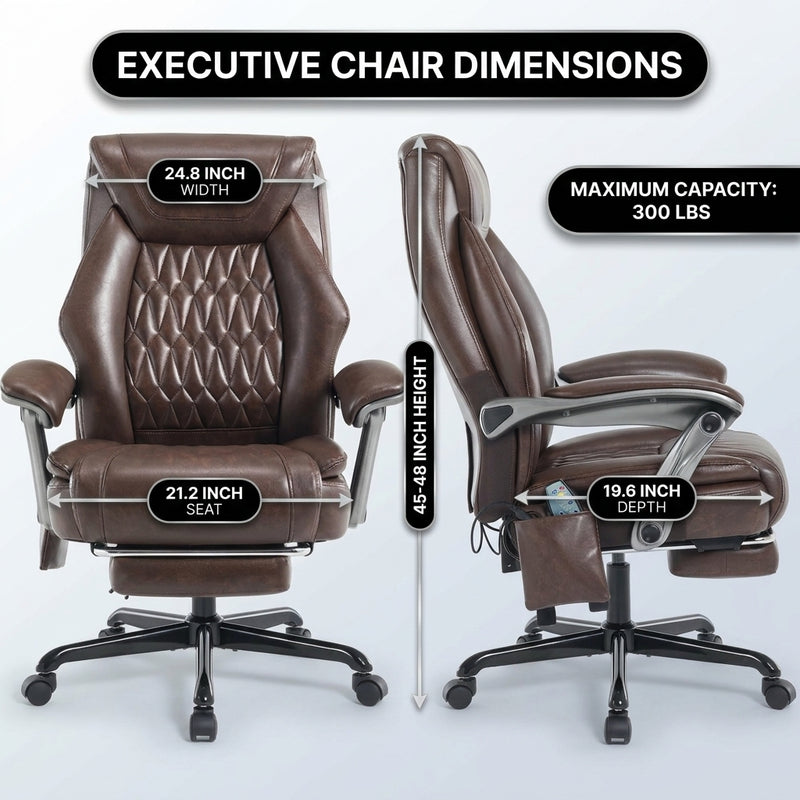 Executive massage office chair dimensions diagram showing 24.8-inch width and 300 lb capacity