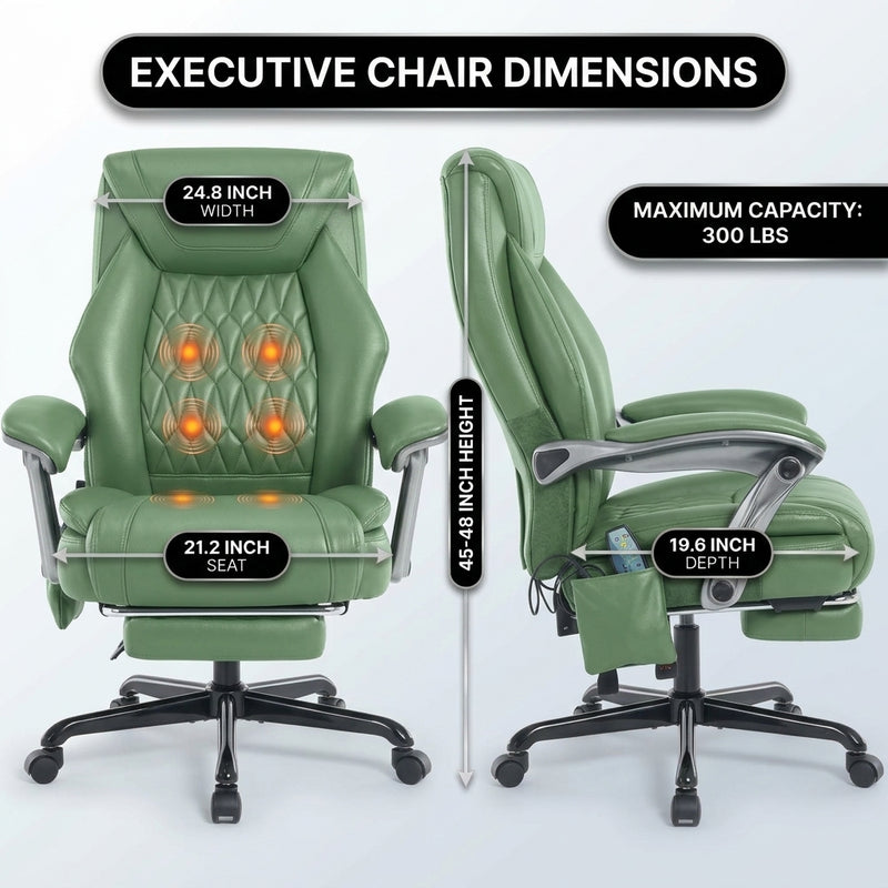Executive massage office chair dimensions diagram showing 24.8-inch width and 300 lb capacity