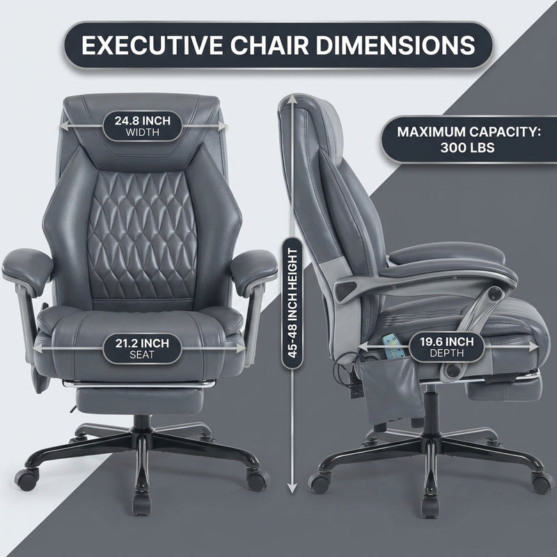 Executive massage office chair dimensions diagram showing 24.8-inch width and 300 lb capacity