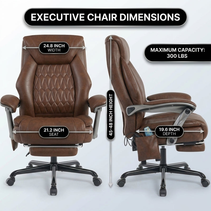 Executive massage office chair dimensions diagram showing 24.8-inch width and 300 lb capacity