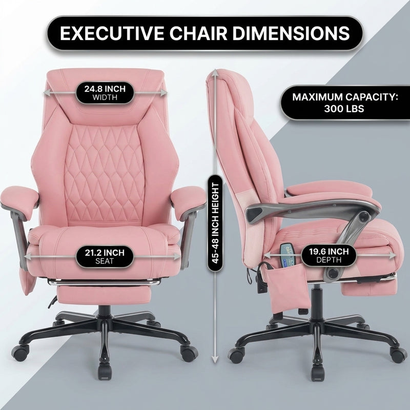 Executive massage office chair dimensions diagram showing 24.8-inch width and 300 lb capacity