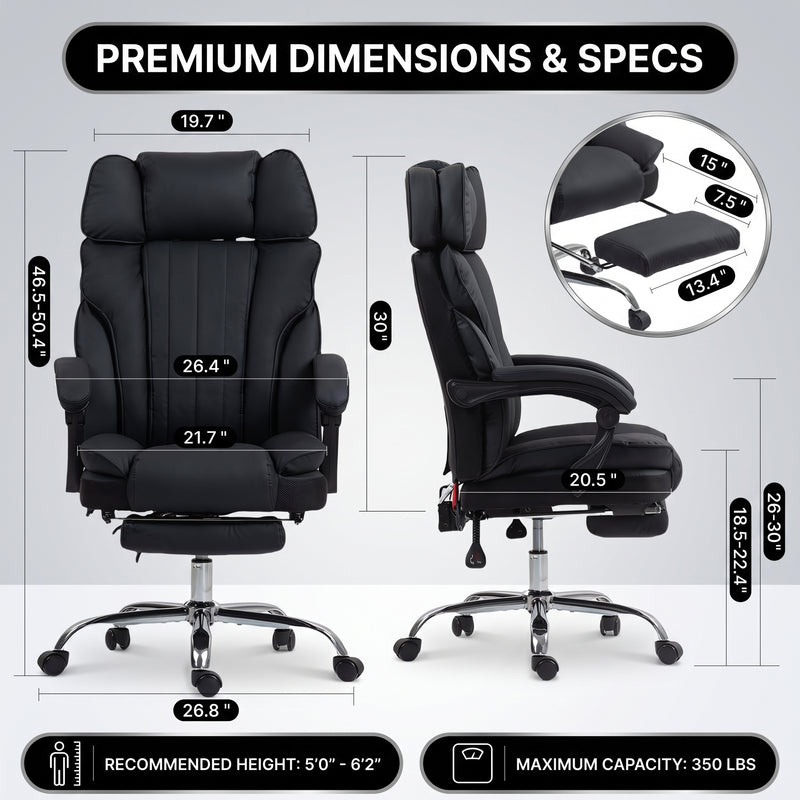 Dimension diagram of the executive office chair with measurements and 350 lb capacity