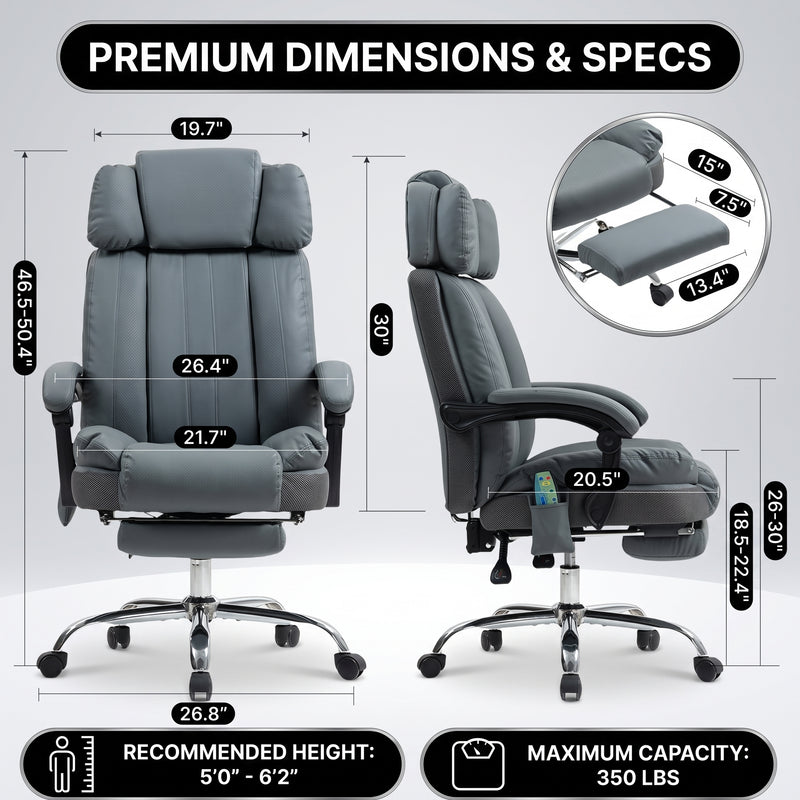 Dimension diagram of the executive office chair with measurements and 350 lb capacity