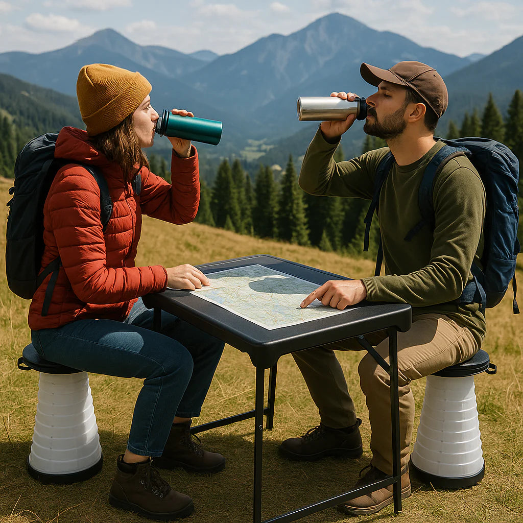 Exclusive 3 Pieces Folding Camping Table Stool Set with 2 Retractable LED Stools - Premium Outdoor Adventure Collection