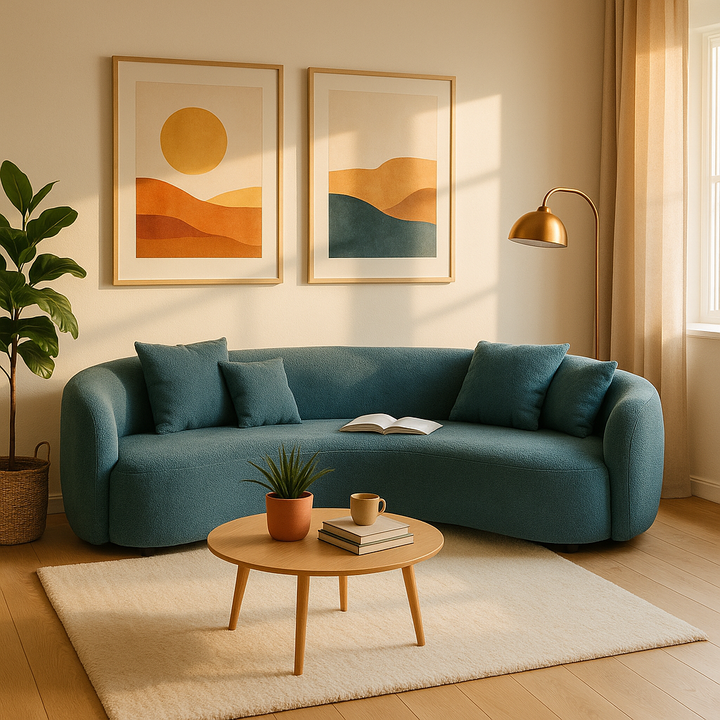 5-Seater Blue Boucle Curved Sectional Sofa - Half Moon Modern Living Room Couch with 4 Throw Pillows
