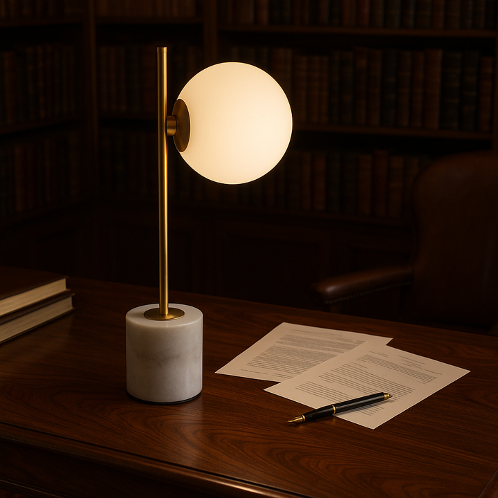 Anechdoche Luxe Mid-Century Table Lamp in Brushed Gold and White Marble