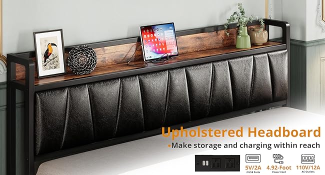 LIKIMIO California King Size Bed Frame, Storage Headboard with Charging Station, Platform Bed with Drawers, No Box Spring Needed