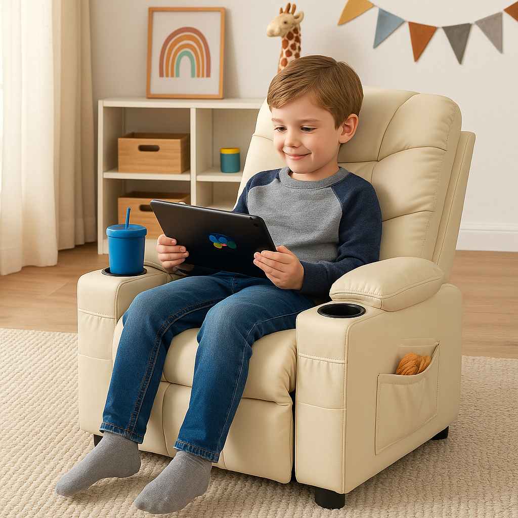 Premium PU Leather Kids Recliner Chair with Dual Cup Holders & Storage Pockets - Ergonomic Youth Furniture with 130° Recline