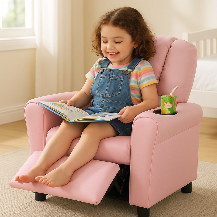 Premium  PU Leather Kids Recliner Chair with Front Footrest & Cup Holder - Solid Wood Frame Children's Furniture for Ages 2-12