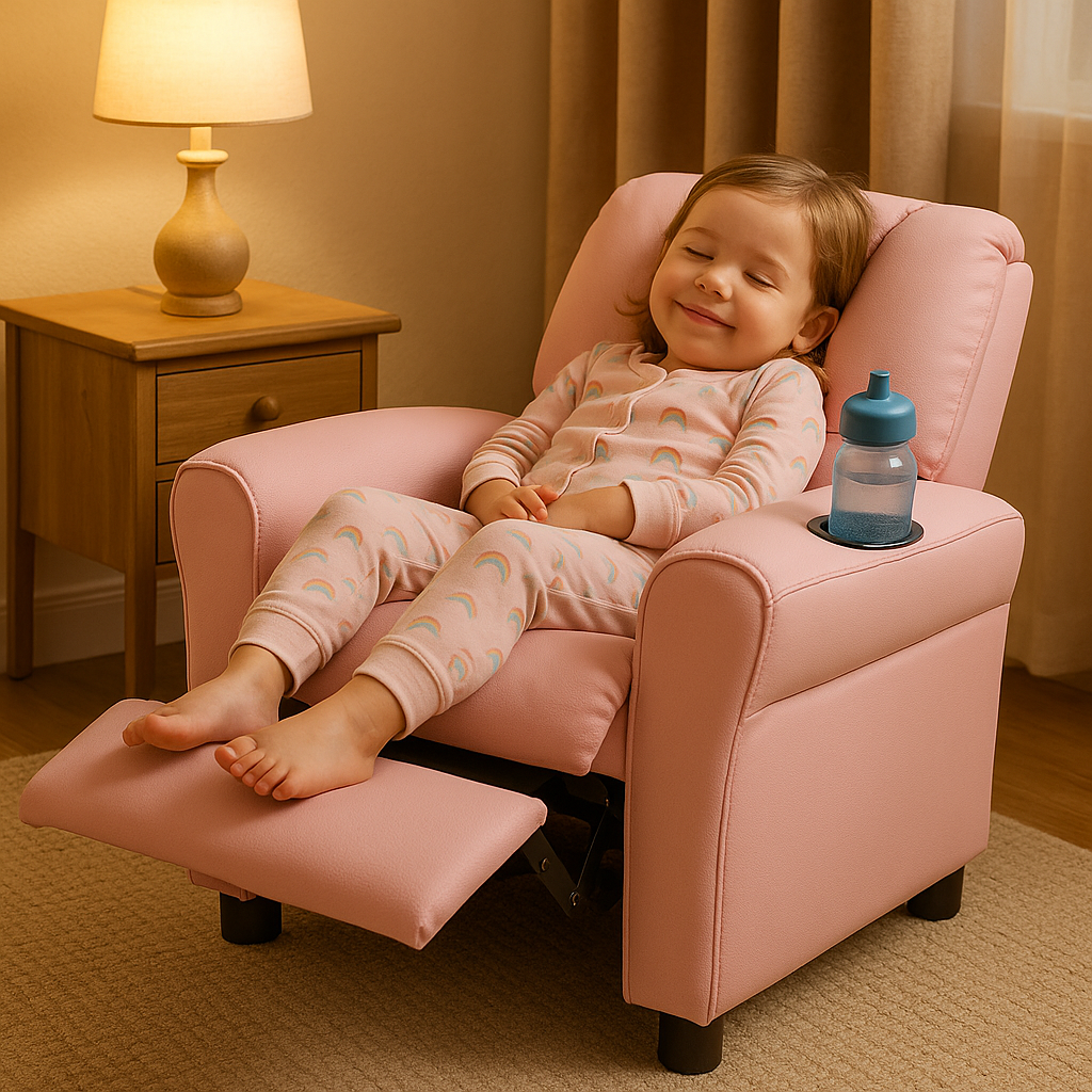 Premium  PU Leather Kids Recliner Chair with Front Footrest & Cup Holder - Solid Wood Frame Children's Furniture for Ages 2-12