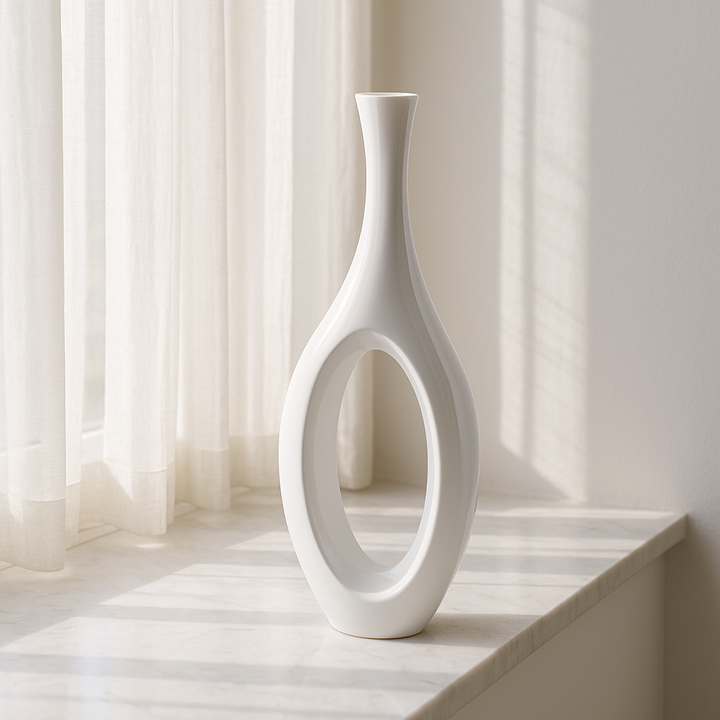 Premium Trombone Vase Small in White- Contemporary Resin Floor Sculpture with Glossy Finish