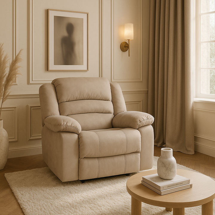 Premium Beige Fabric Recliner Chair - Modern 40"" Manual Reclining Furniture with Solid Wood Frame Construction