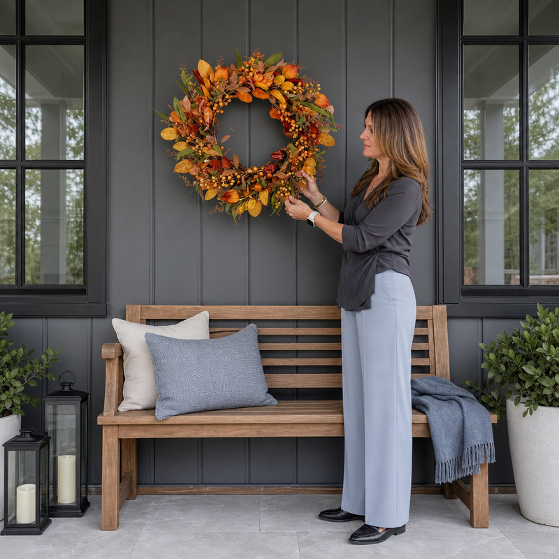 Artificial fall wreath with a measurement line showing a 22-inch diameter when fully extended